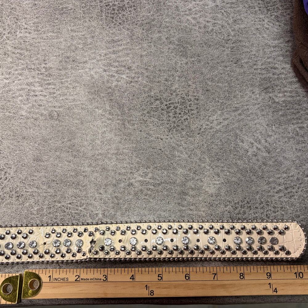 Cream Leather Embellished Rhinestone Belt - Picture 7 of 7